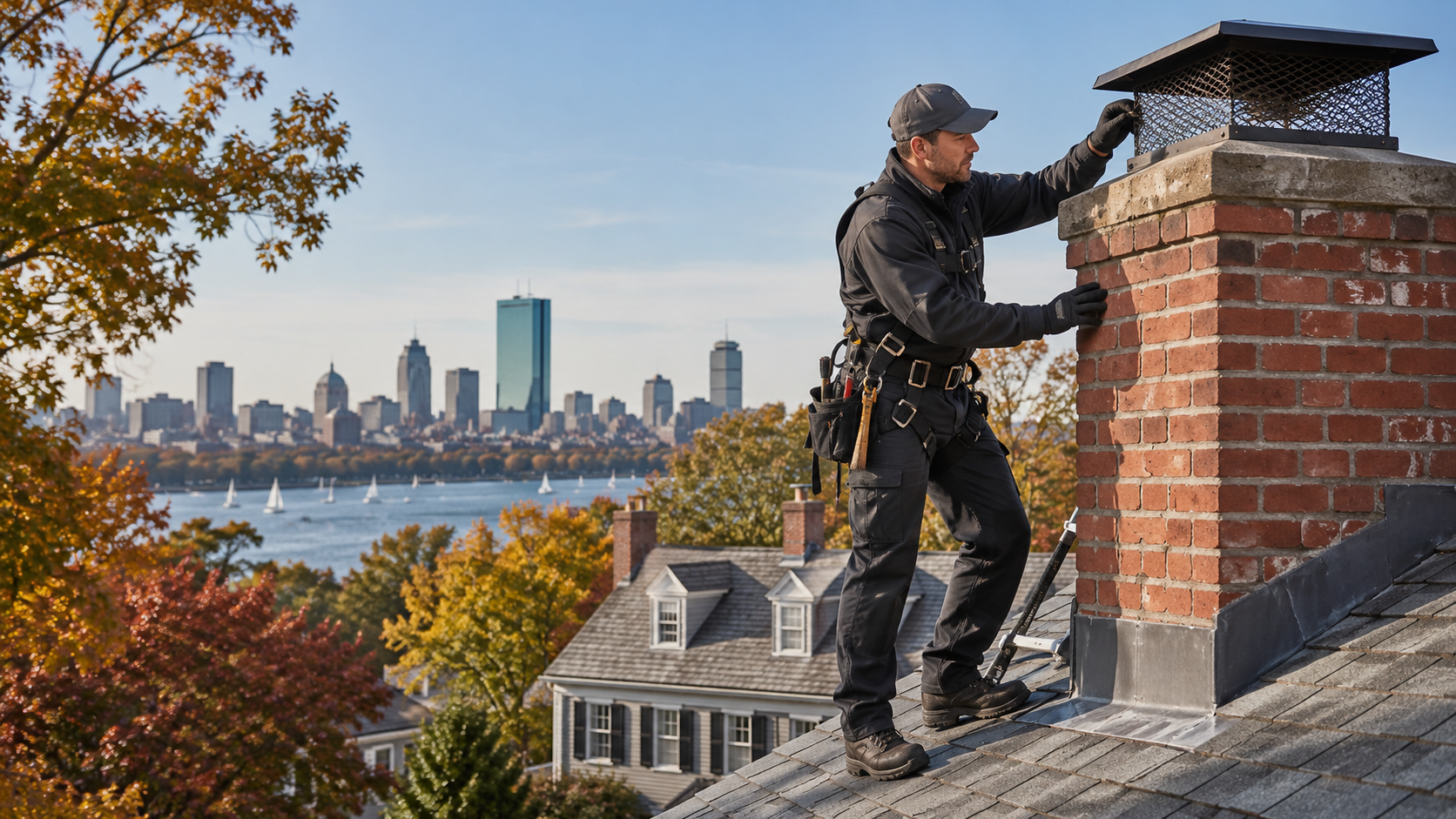 Chimney technician inspecting a brick chimney in the Boston area
